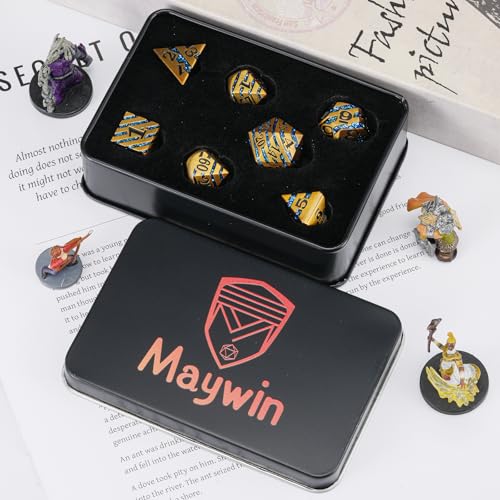 Premium Inlay Metal Dice Set, Heavy Zinc Alloy DND Dice for Serious RPG Players - color: Ancient Gold+blue