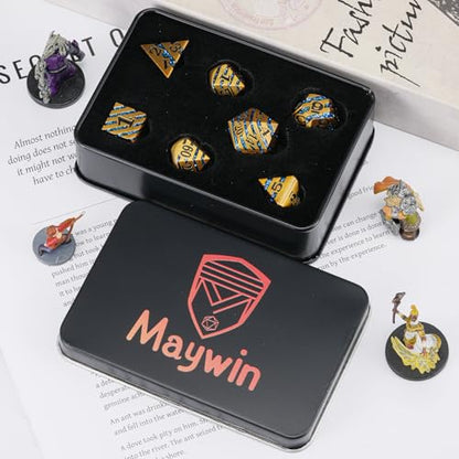 Premium Inlay Metal Dice Set, Heavy Zinc Alloy DND Dice for Serious RPG Players - color: Ancient Gold+blue