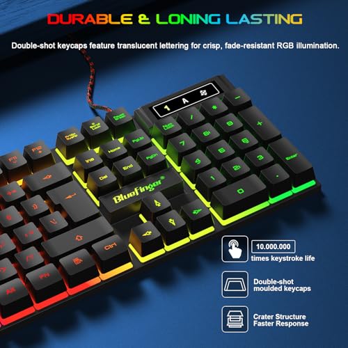 BlueFinger Gaming Keyboard USB Wired Full Size Keyboards, Rainbow Backlit Light Up Keyboard with Multimedia Keys, Quiet Typing for Windows PC Laptop