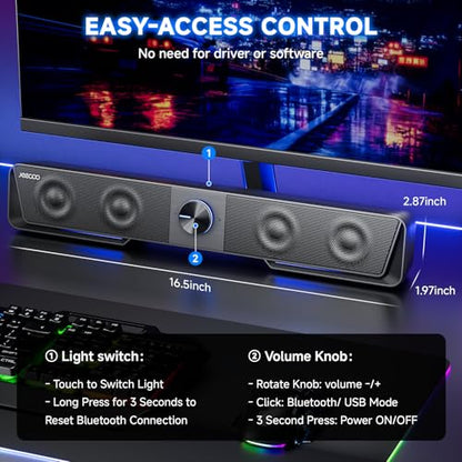 Jeecoo A40 Bluetooth Computer Speakers with Clear Sound, USB Plug & Play PC Speakers with LED Light, Computer Sound Bar with Switch Button for Desktop Laptop Monitor (USB-C Adapter Included)