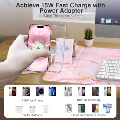 Wireless Charging Mouse Pad with Phone Holder, 31.5"x15.8" in, Pink Marble | Large Desk Mat for Laptop/Keyboard, Waterproof Ultra-Smooth Surface, Non-Slip Base - color: Pink Marble-Phone Holder-31.5"x15.8"