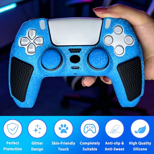 Blue Glitter Anti Slip Soft Thicked Studded Silicone Cover Skins Compatible with PS5 Controller,Include 8 PCS Blue Glitter Thumb Grips Glow and 2 Cat Paw Grips Accessories. - color: Blue Black
