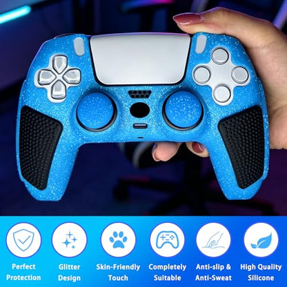 Blue Glitter Anti Slip Soft Thicked Studded Silicone Cover Skins Compatible with PS5 Controller,Include 8 PCS Blue Glitter Thumb Grips Glow and 2 Cat Paw Grips Accessories. - color: Blue Black