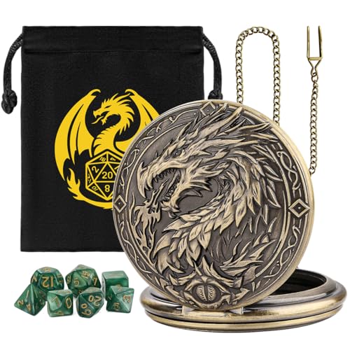 Mini DND Dice Set with Steampunk Dragon Large Pocket Watch Shell Case, 7-Piece Polyhedral Acrylic D&D Dice, DND Gift Bag with Dragon Logo, Role Play Board Game Accessories, Bronze + Green - color: Bronze + Green