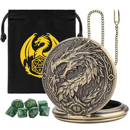 Mini DND Dice Set with Steampunk Dragon Large Pocket Watch Shell Case, 7-Piece Polyhedral Acrylic D&D Dice, DND Gift Bag with Dragon Logo, Role Play Board Game Accessories, Bronze + Green - color: Bronze + Green