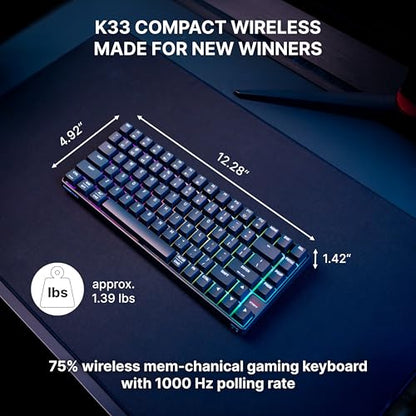 K33 Compact Wireless, 75% Mem-chanical Gaming Keyboard, Multi Device, Bluetooth, 2.4 GHz & Wired Mode, RGB-Lighting, IP54 Dust & Splash-Resistant (Black) - color: Black