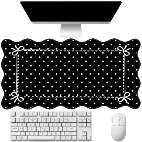 Black White Scalloped Desk Mat Polka Dot Mouse Pad Cottagecore Aesthetic Desk Pad Mat Dots Large Gaming Mousepad Bow Computer Keyboard Mouse Mat Cute Cozy Kawaii Desk Decor Women Office 31.5"x15.7" - color: Black White Dots