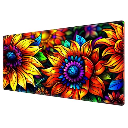 Large Gaming Playmat Compatible with MTG, Seamless Card Game Mat with Stitched Edges, 23.6 x 13.7 in Natural Rubber Desk Pad with Transparent Drawstring Bag, Colorful Sunflower - color: Colorful Sunflower, size: 24"X14" Regular