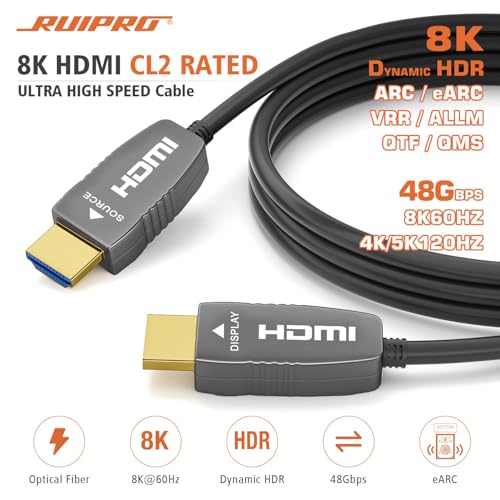8K Fiber Optic HDMI 2.1b Cable, 48Gbps, 8K60, 4K120, HDR, eARC, 33FT | Fiber Optic Transmission Reduces EMI and Signal Loss vs Copper Cables for Stable 4K@120Hz Gaming and Long-Distance 8K Video - color: B-8K Fiber Gen3/C, size: 33FT