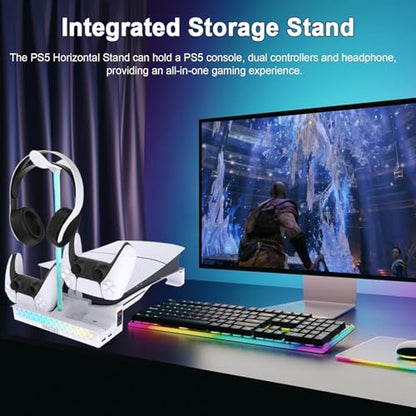Slim/Pro Horizontal Stand with Cooling Fan and P5 Controller Charger Compatible with 5 Console,Cooling Station with RGB Light Dual Controller Charging and Headphone Storage