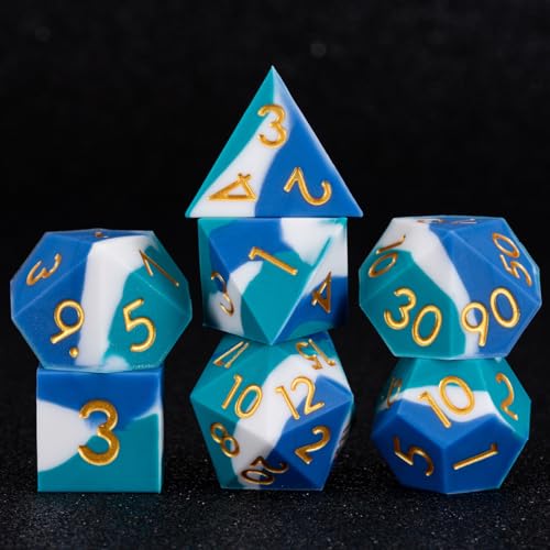 DND Silicone Rubber Polyhedral Dice,Sharp Edges D&D Dice Set 7pcs (D4, D6, D8, D10, D12, D20, D%) for Dungeons and Dragons, RPG, MTG for Ages 15 and Up - color: Royal Blue White Sky Blue