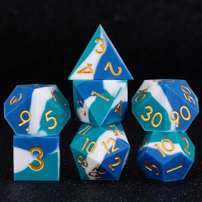 DND Silicone Rubber Polyhedral Dice,Sharp Edges D&D Dice Set 7pcs (D4, D6, D8, D10, D12, D20, D%) for Dungeons and Dragons, RPG, MTG for Ages 15 and Up - color: Royal Blue White Sky Blue