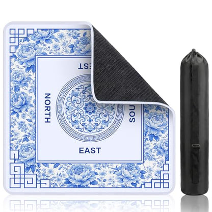 Flowers Mahjong Table Mat, Blue Flower Non-Slip Noise Reduction Mah Jong Mat with Carrying Bag, Game Table Cover for Mahjongs Poker Card, Festival Birthday Gift for Mahjong Lovers, 31x 31In - color: Flower-lattice