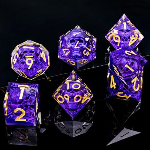 DND Skull Dice Set 7PCS Necromancer Polyhedral Dice for Dungeons Dragons RPG Role Playing Game, Resin Sharp Edged D and D Dice with Gift Box D6 D8 D10 D12 D20 (Purple) - color: Purple&gold