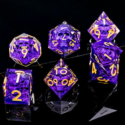 DND Skull Dice Set 7PCS Necromancer Polyhedral Dice for Dungeons Dragons RPG Role Playing Game, Resin Sharp Edged D and D Dice with Gift Box D6 D8 D10 D12 D20 (Purple) - color: Purple&gold