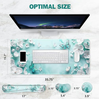 ToLuLu Large Mouse Pad Desk Pad, Wrist Rest Desk Mat for Keyboard and Mouse | 4PCS 35.4”x15.7" XXL Giant Mouse Pad, Non-Slip Base Stitched Edges Mousepad for Home Office, Teal Butterfly - color: Teal Butterfly