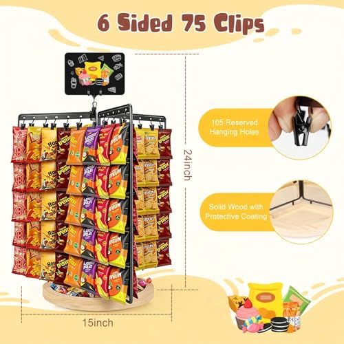 Chip Rack Display Stand, 6-Side 5-Tiers Chip Holder Display with 80 Adjustable Clips, Wooden Base Countertop Snack Organizer for Concession Stand, Parties - With Message Board & Pen - size: Fixed use