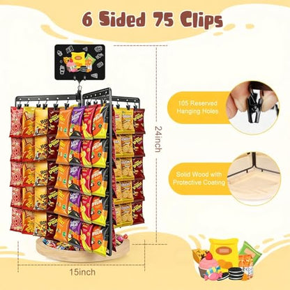 Chip Rack Display Stand, 6-Side 5-Tiers Chip Holder Display with 80 Adjustable Clips, Wooden Base Countertop Snack Organizer for Concession Stand, Parties - With Message Board & Pen - size: Fixed use