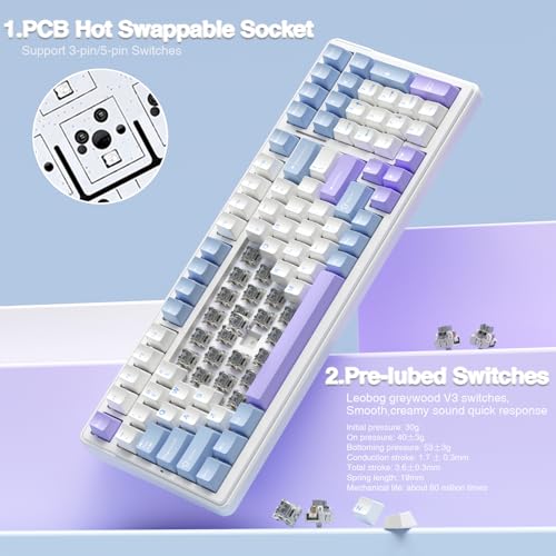 AULA F99 Wireless Mechanical Keyboard,Tri-Mode BT5.0/2.4GHz/USB-C Hot Swappable Custom Keyboard,Pre-lubed Linear Switches,Gasket Structure,RGB Backlit Gaming Keyboard for PC/Tablet/Xbox/PS4/PS5 - color: Blue&Purple&White
