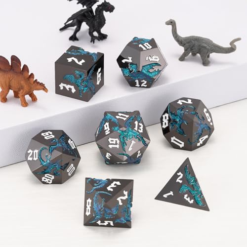 Sharp Edge DND Dragon Dice Set,Metal Polyhedral Dice with Dragon for Dungeons and Dragons RPG TTRPG D&D 7-Die Set with Gift Case - color: Dragon-pearl Gun Glitter Light Blue