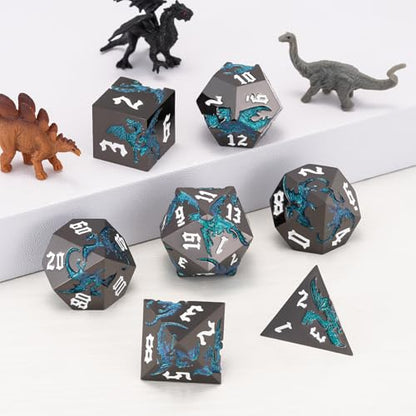 Sharp Edge DND Dragon Dice Set,Metal Polyhedral Dice with Dragon for Dungeons and Dragons RPG TTRPG D&D 7-Die Set with Gift Case - color: Dragon-pearl Gun Glitter Light Blue