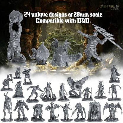 Underdusk Ominous Encounters: 64 Unpainted DND Miniatures Bulk Set for Dungeon Masters – 24 Designs, 28mm Figures with 4 Huge Boss Monsters – D&D 5e & Pathfinder Compatible, Stat Blocks Included