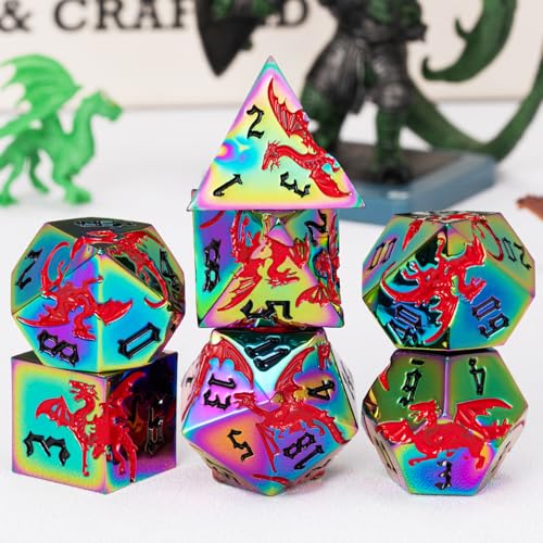 DND Metal Dragon Dice Set with Dragon, Metallic Polyhedral Dice Set for Dungeons and Dragons RPG TTRPG D&D Die with Gift Case (Dragon-Rainbow Red Dragon) - color: Rainbow Red Dragon
