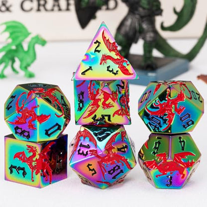 DND Metal Dragon Dice Set with Dragon, Metallic Polyhedral Dice Set for Dungeons and Dragons RPG TTRPG D&D Die with Gift Case (Dragon-Rainbow Red Dragon) - color: Rainbow Red Dragon