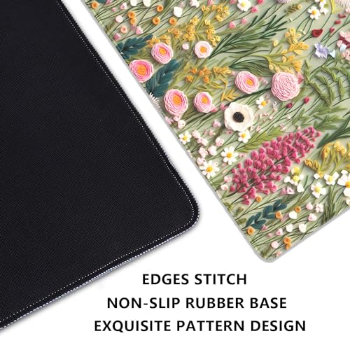 Embroidered Flower Wildflower Embroidery 3D Pattern Mouse Pad Desk Pad,Stitched Edges Non-Slip Waterproof Rubber Base Mous Mat for Office,Computer,Keyboard,Laptop and Home Desk Pad(27.5X11.8 in) - color: Embroidered Flower
