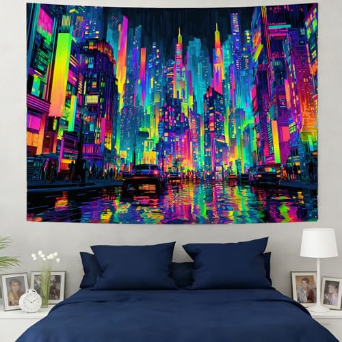 KKYEJLQYI UV Reactive Tapestry, Black Light Neon Wall Tapestry, Luminous Space Tapestry, Bedroom, Living Room, Game Room Decoration Large Tapestry, Cyber City - color: City-4