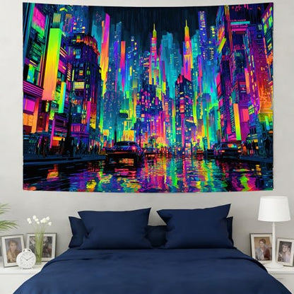 KKYEJLQYI UV Reactive Tapestry, Black Light Neon Wall Tapestry, Luminous Space Tapestry, Bedroom, Living Room, Game Room Decoration Large Tapestry, Cyber City - color: City-4