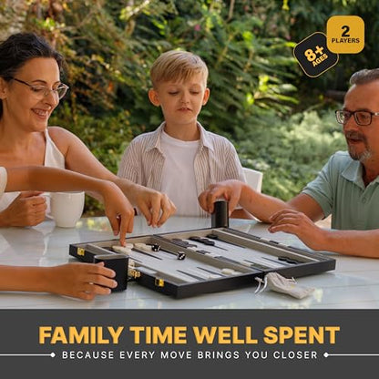 Large Black Backgammon Sets for Adults - Classic Board Games for 2 Players Adults and Kids - Premium Backgammon Set 15 Inch Board and 32 Backgammon Pieces in Quality PU Leather Case - style: Premium Black