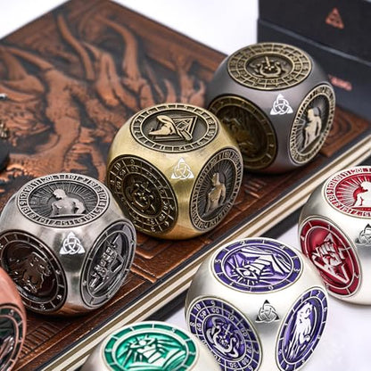 7-in-1 메탈 DND 주사위 스피너 큐브, 테이블 탑 RPG용 3D 릴리프, 던전 마스터 및 플레이어를 위한 선물 상자 (브론즈) - color: 브론즈
