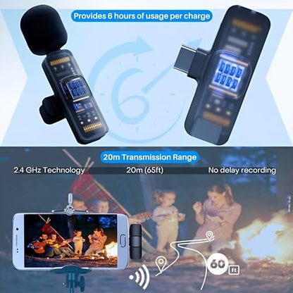 Wireless Microphone for iPhone 15 USB-C Compatible with Samsung s24 & iPhone 15 Series - Wireless Lavalier Microphone for Android - USB C Microphone for Video Recording and Tiktok (2 in 1)