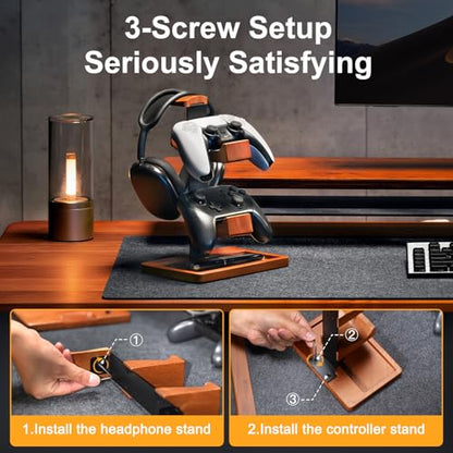 Solid Wood Controller Holder and Headphone Stand, Controller Stand for Desk | Dual Gaming Controller Organizer Rack, Fits Xbox, PS4, PS5, Gamepad, Headset Holder for Son, Husband, Boyfriend