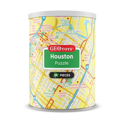 Geotoys Houston Mini City Puzzle - 100 Piece Puzzles for Kids and Adults in Portable Can, 13" x 10" Educational Travel Puzzle for Ages 7 and Up - Mini Puzzles to Learn & Explore Geography - style: Houston