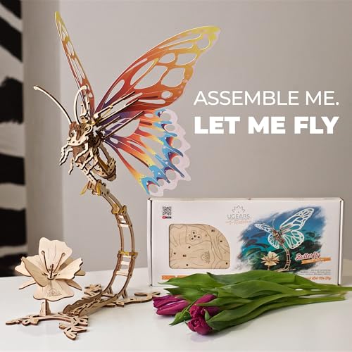 Ugears Wooden 3D Puzzles for Adults - Butterfly Puzzle Mechanical Model Kit - 3D Wood Puzzles Adult Automaton - Kinetic Sculpture Models for Adults to Build Butterfly Kit DIY Miniature Kit - 161 Pcs - style: Butterfly