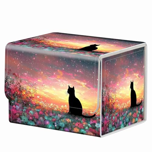 Strong Magnet for TCG MTG Commander Deck Box Playing Card Case Organizer Trading Card Case Trading Card Storage Box for Collectible Games Up to 200 Cards, Cat Flower Field Starry Sky Sunset - color: Cat Flower Field Starry Sky Sunset