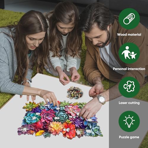 Delobil Rectangular Succulent Wooden Puzzles,500 Pieces Jigsaw Puzzles 18.5'' x11.7'', Unique Design Wooden Puzzles for Adults and Kids, Family Game Gift Royal Size - color: Rectangular Succulent, size: 500Pcs