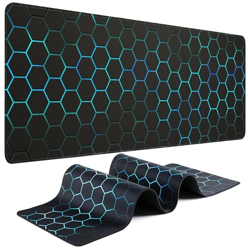 Mouse Pad Gaming - Desk Mat for Keyboard and Mouse - Large Mouse Pads for Desk, Gaming Mousepad with Non-Slip Base, Desks Pad (31.5" X 11.8") for Game, Office and Home - color: Honeycomb Geometry - Black Blue, size: 31.5L x 11.8W inches
