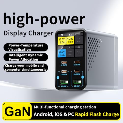140W 6-Port GaN USB C Charging Station with LCD Smart Display, Desktop Fast Charger for Multiple Devices, Compatible with MacBook, iPhone, iPad, Galaxy, Home Office,Gaming Accessories