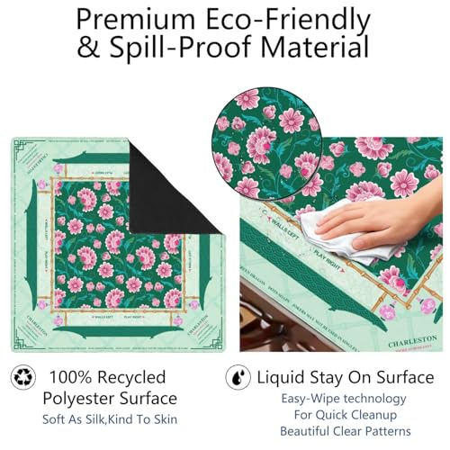 Mahjong Mat for Table with Carrying Bag & 3 Dice, Green Pink Floral 31.5"x31.5" Square Rubber Mahjong Table Cover, Non-Slip & Noise Reduction Gaming Mat for Mah Jongg, Poker, Dominoes & Tile Games - color: Green Pink