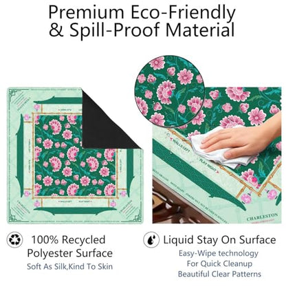 Mahjong Mat for Table with Carrying Bag & 3 Dice, Green Pink Floral 31.5"x31.5" Square Rubber Mahjong Table Cover, Non-Slip & Noise Reduction Gaming Mat for Mah Jongg, Poker, Dominoes & Tile Games - color: Green Pink