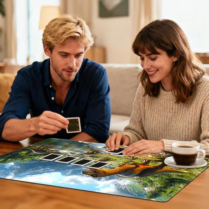 for MTG Playmat TCG Card Game Mat with Stitched Edges,Board Game Mats Non-Slip Waterproof Rubber Base 24 x 14 inch for CCG RPG DTCG Trading Card,Dinosaur Landscape River - color: Dinosaur Landscape River