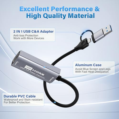 Video Capture Card for Streaming,4K HDMI to USB C Capture Card with USB A 3.0 Adapter,1080P 60FPS,Compatible with iPad Mac OS Windows, PS4/PS5, Switch2/1, Xbox, Camera, DVDs,DSLR for Broadcasting BS