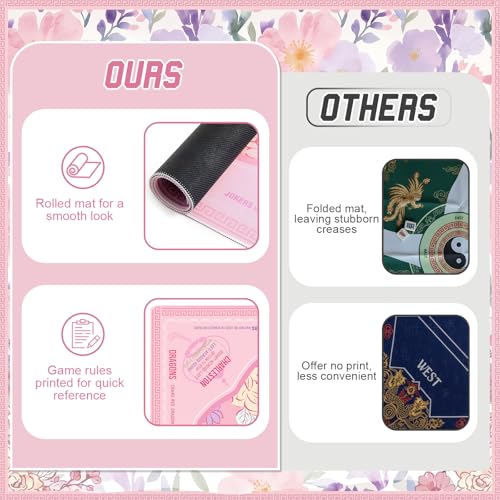 Soulchen Flower Pink American Mahjong Mat for Table with Rules, No Creases, Ships Rolled, 31.5 x 31.5 Non-Slip Noise Reduction Gaming Mat with Carrying Bag for Poker Card Board - color: Pink