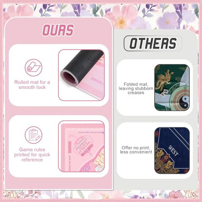 Soulchen Flower Pink American Mahjong Mat for Table with Rules, No Creases, Ships Rolled, 31.5 x 31.5 Non-Slip Noise Reduction Gaming Mat with Carrying Bag for Poker Card Board - color: Pink