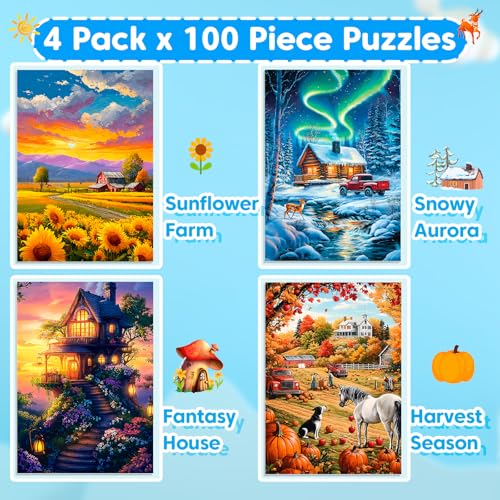 4 Packs 100 Piece Puzzles for Adults, 4 Themed Large Piece Puzzles for Seniors Jigsaw Puzzles for Kids Ages 6-8 8-10 Learning Educational Toys for Boys and Girls - style: Farm Snowy Auror Harvest Season