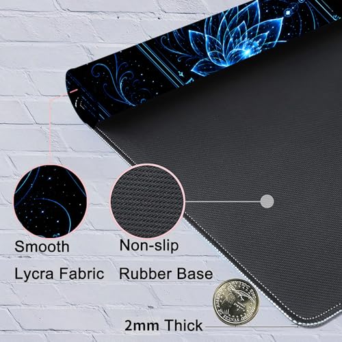 Playmat for MTG with Zones, 24 x 14 Inch Card Game Mat, Stitched Edges, Non Slip Rubber Base, 2mm Washable Play Mat with Storage Bag, Lotus Flower Design, Blue Color - color: Blue