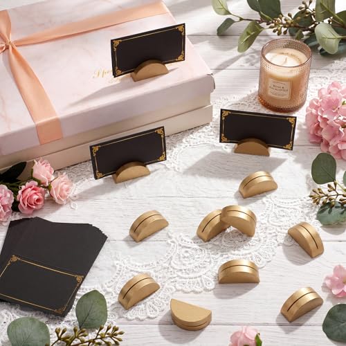 Colingmill 24 Pcs Wooden Table Number Stands with Tented Cards,Gold, Black | Wedding Table Name Holder Semicircular Design Place Card Holders for Retail Shop Wedding Party Events - color: Gold, Black